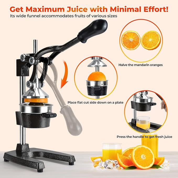 ROEDEER Heavy-Duty Manual Citrus Juicer – Cast Iron Orange Juicer Squeezer, Dual-Die Head, Manual Juicer, Citrus Squeezer, Lemon Juicer Manual & Pomegranate Juicer for Fresh Juice (Black)