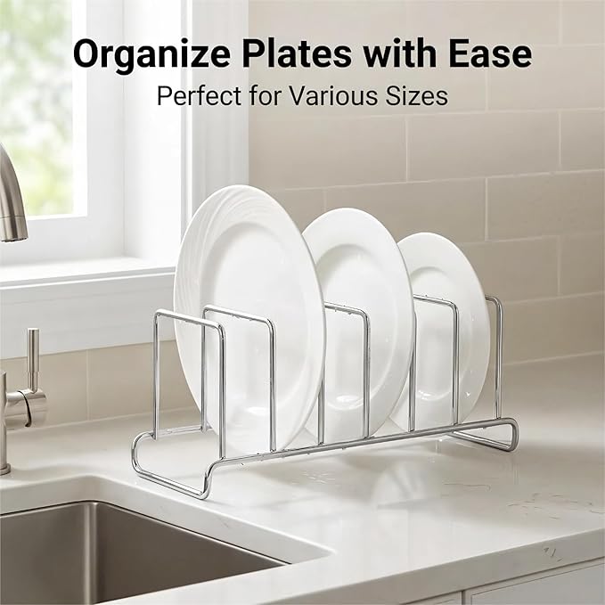 IMEEA Plate Rack 304 Stainless Steel, Vertical Dish Organizer for Cabinet & Countertop, Holds 6 Plates (8–10 Inch), 12 x 3.9 Inch Metal Dish Holder ﻿