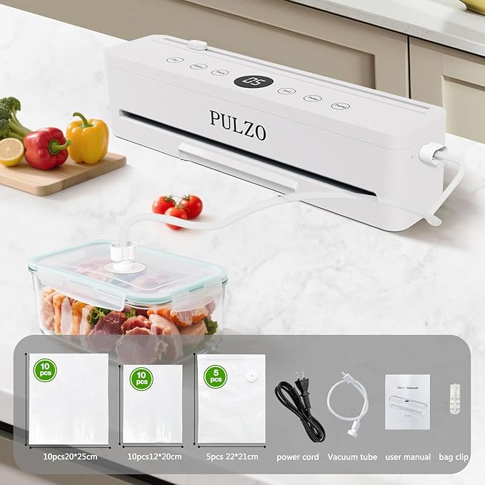PULZO True-Auto Vacuum Sealer Machine, 85KPa Vacuum Sealer for Food with Digital Countdown, LED Smart Touch, External Sliding Blade, Dry/Moist Mode, Removable Drip tray, Complete Starter Kits
