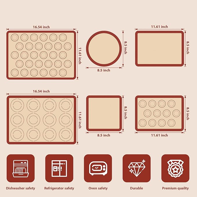 Silicone Baking Mat Set of 6, Macaron Silicone Baking Mat for Baking Sheets, Non-Stick & Reusable Silicone Mats for Baking Macarons, Cookies, Pastries, Pizza