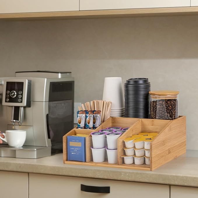Bamboo Coffee Station Organizer for Countertop, Coffee Bar Accessories Organizer with 6 Compartments for Tea Bags Condiment, Pods, Creamer, Syrup, Cups
