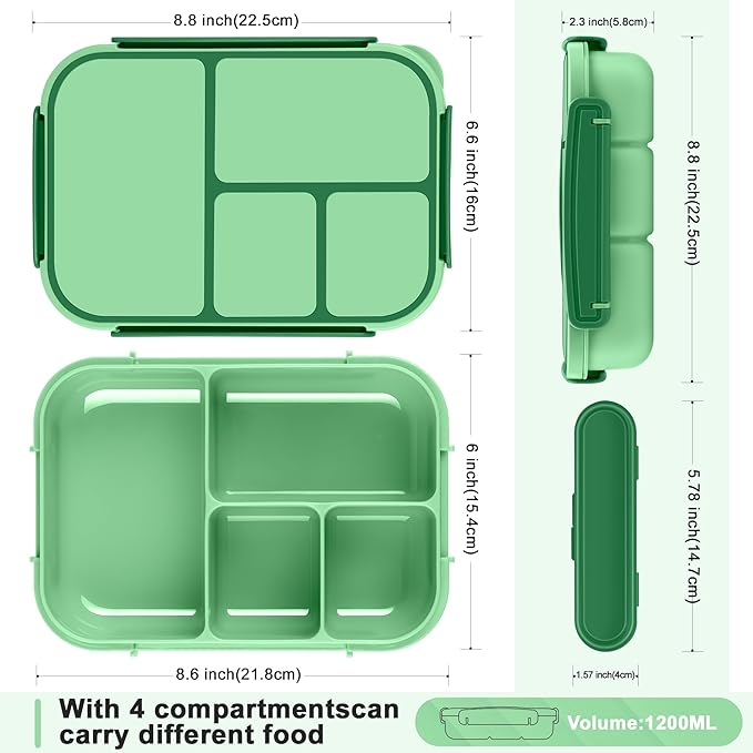Amathley Lunch Box Kids,Bento Box Adult,Leakproof Lunch Containers for Adults/Kids/Toddler,1200ML-4 Compartments bento Lunch box with Utensil,Microwave & Dishwasher & Freezer Safe (Cyan)