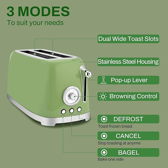 SUSTEAS Toaster 4 Slice Wide Slot, Stainless Steel Bread Bagel Toasters, Retro Long Slot Tostadora for Defrost, Reheat, Removable Crumb Tray, 1500W, 6 Browning Settings, Green