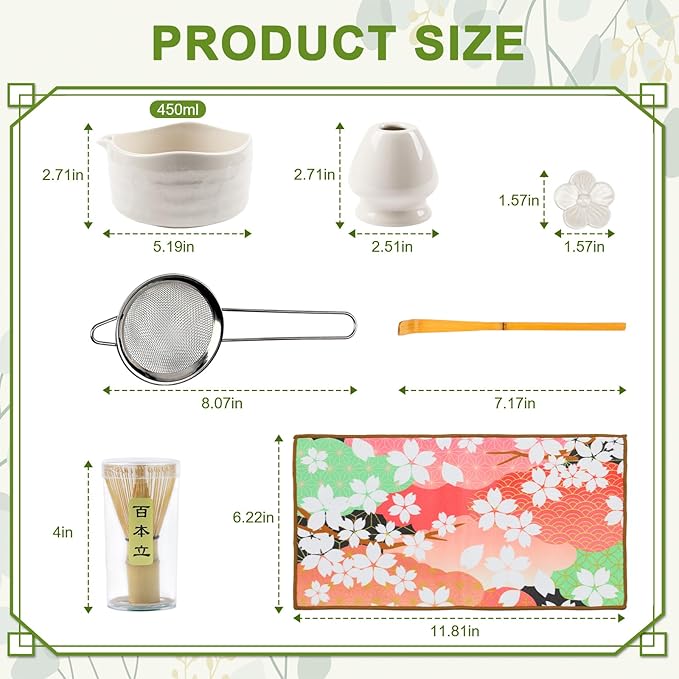 Matcha Set–7-Piece Set Including Matcha Bowl with Spout, Whisk, Chasen Holder, Sifter, Bamboo Scoop,Scoop Stand,wood spoon(Daisy White)–Perfect for Matcha Lovers&Tea Ceremonies