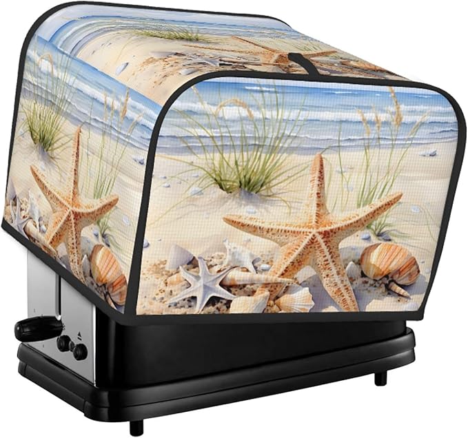Toaster Cover 4 Slice Watercolor Starfish Seashell Beach Waterproof Appliance Cover with Hang Loop Bread Baker Toaster Cover for Kitchen