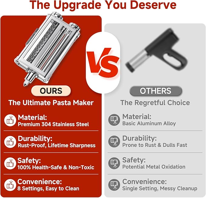 Pasta Maker Attachment for Kitchen Aid Stand Mixers, 304 Stainless Steel, Rust-Proof, 8 Thickness Settings, Easy to Clean, 3 in 1 Accessories for Homemade Spaghetti, Fettuccine, Lasagna