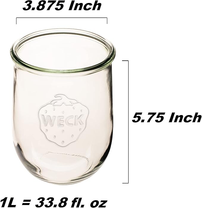 Weck Tulip Jar - Sour Dough Starter Jars for Sourdough - 1 x WECK 745 Large Clear Jar with Wide Mouth - 1 Liter Includes Glass Lid, rubber seal and steel clips