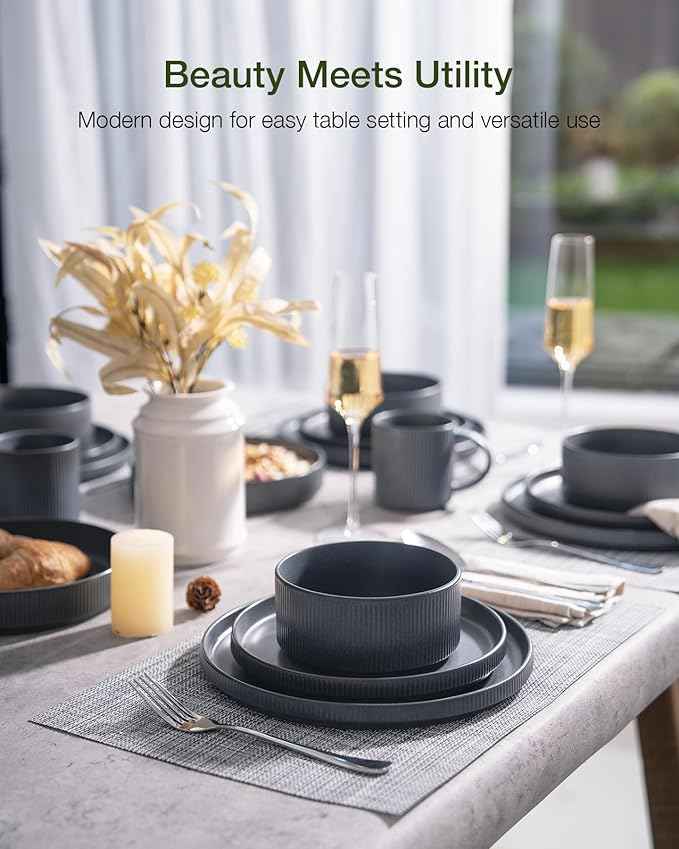 Famiware Star Dinnerware Set with Pasta Bowls, Service for 6 (24 Pieces), Ribbed Stoneware Plates and Double Bowls Sets - Chip & Scratch Resistant, Microwave & Dishwasher Safe, Matte Dark Charcoal
