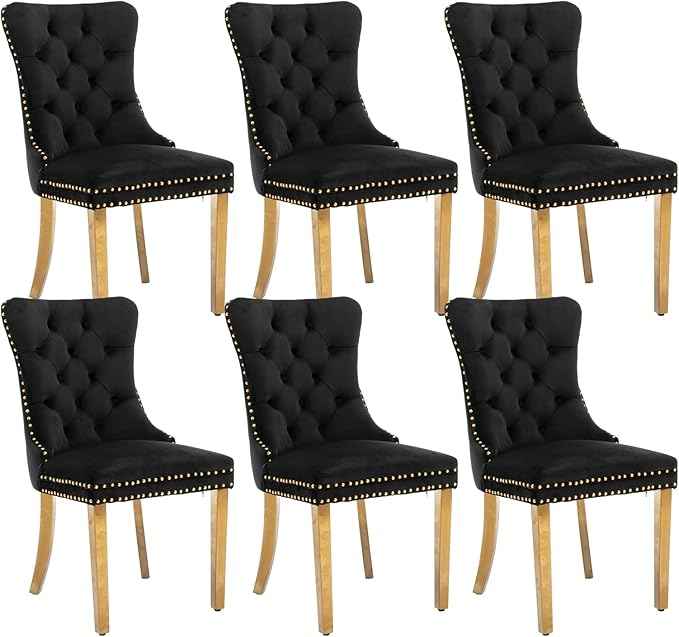 Black Dining Chairs Set of 6,Velvet Upholstered Dining Room Chairs with Back Ring Pull Trim and Golden Stainless Steel Legs,Modern Dining Chairs Perfect for Dining Room,Kitchen(Black)