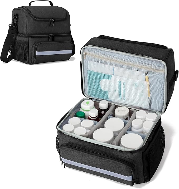 CURMIO Medicine Storage Bag, Double Layers Pill Bottle Organizer with Inner Dividers for Medication, Vitamins, Prescription Bottles, Medical Supplies, Black (Patent Design)