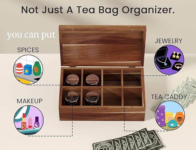 Acacia Wood Tea Bag Organizers, Tea and Sugar Packet Storage Chest with Lid, Wooden Teabag Holder Containers,Tea Box with 8 Compartments