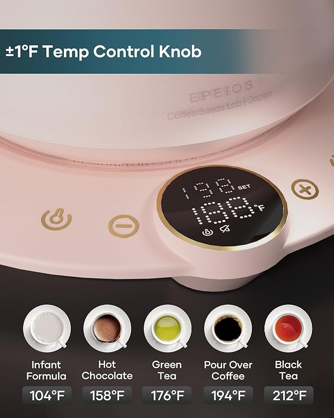 INTASTING Gooseneck Electric Kettle with ±1℉ Temperature Control for Pour Over Coffee & Tea, Quick Heating, BPA-Free Stainless Steel, Built-in Brew Timer, 1500W/0.9L (Munch Pink)