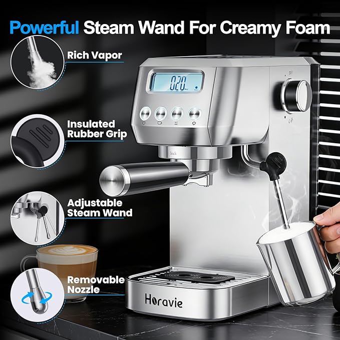 Horavie Espresso Machine 20 Bar, Compact Espresso Maker with Milk Frother, Stainless Steel Cappuccino & Latte Machine with LCD Screen, Adjustable Temperature, 44oz Water Tank for Home, Office