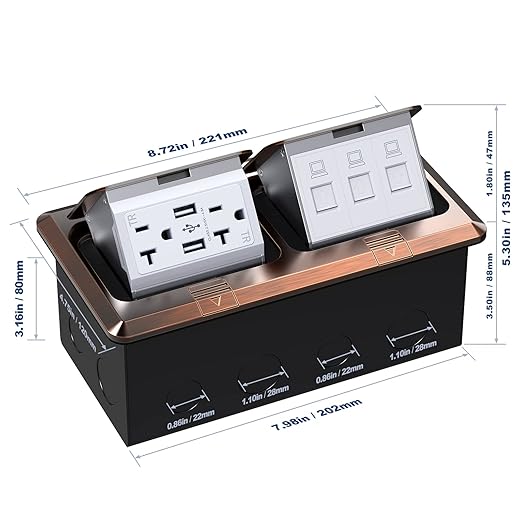 KYHSHJ Dual Pop-Up Floor Electrical Outlet Box Kit，20 Amp Stainless Steel USB TR Receptacle Outlet，3-Port RJ45 Datacom Receptacle， ETL Listed, Bronze