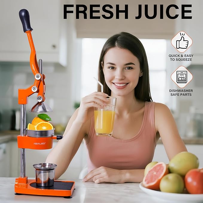 Manual Cast Iron Citrus Juicer,Commercial Hand Press,Heavy Duty Countertop Squeezer for Fresh Orange Lemon Juice,Stable When Pressed,Easy to Use & Clean (Orange)
