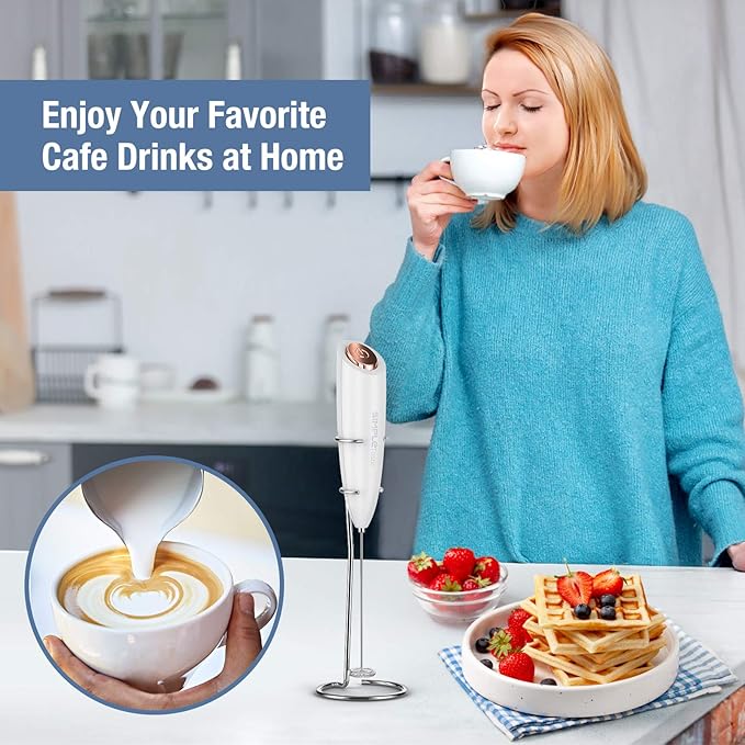 SIMPLETASTE Milk Frother Handheld Electric Foam Maker, Drink Mixer with Stainless Steel Whisk for Cappuccino, Bulletproof Coffee, Latte, White, with Stand, Battery Operated