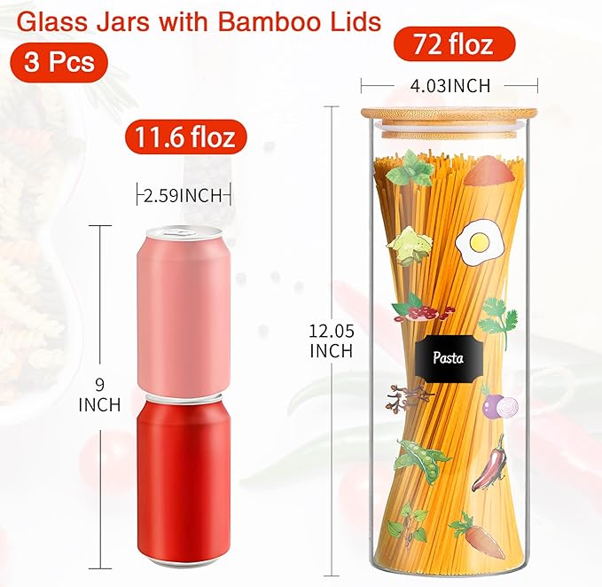 BGraceyy Glass Jars with Bamboo Lids, 72oz 3Pcs Kitchen Glass Containers with Bamboo Lids, Airtight Glass Pantry Storage Containers with Lids for Spaghetti, Pasta, Rice, Nuts, Flour, Bean, Dry Foods