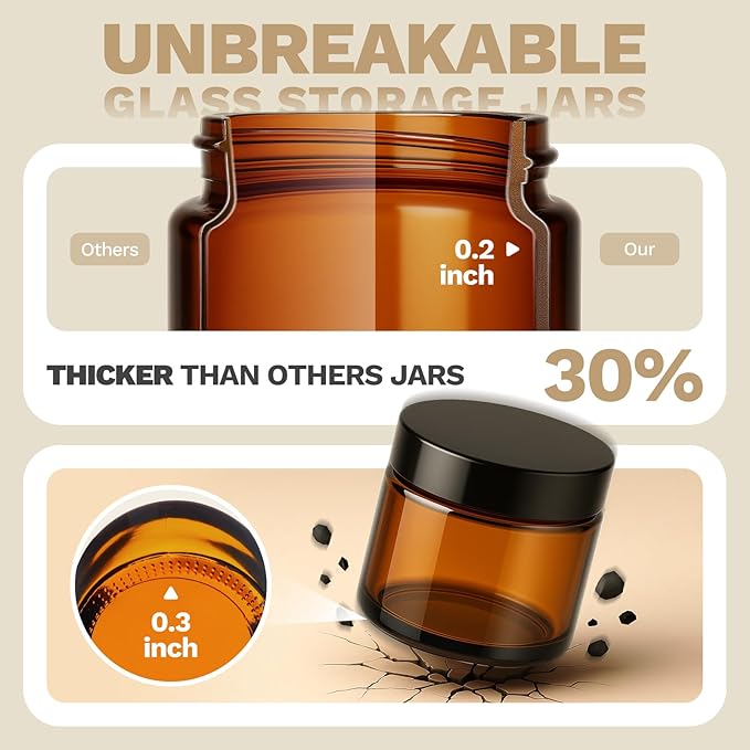 Bumobum 48 Pack 4 oz Small Glass Jars with Lids, Amber Glass Lotion Jars with Inner Liners, 120ml Round Refillable Empty Containers with Blank Labels for Cream, Body Scrub, Cosmetic