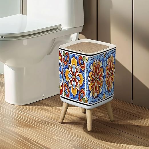Small Trash Can with Lid Mexican talavera ceramic tile pattern Ethnic folk ornament Italian Wastebasket with Press Cover Dog Proof Garbage Can Waste Bin for Kitchen Bathroom Nursery 2.6 Gallon