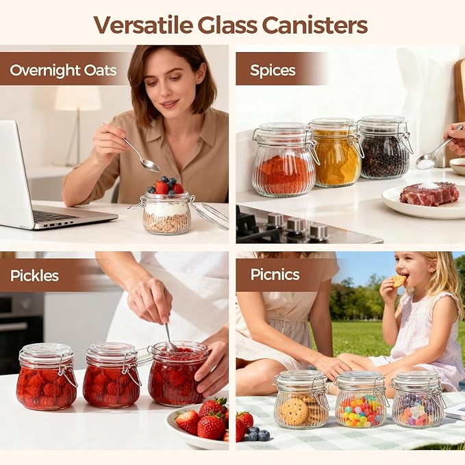 ComSaf 6-Pack 17oz Ribbed Glass Storage Jars with Airtight Clamp Lids, Decorative Wide Mouth Pint Canisters for Jam, Spices, Nuts, Snacks - Ideal for Kitchen Pantry and Drawer Organization