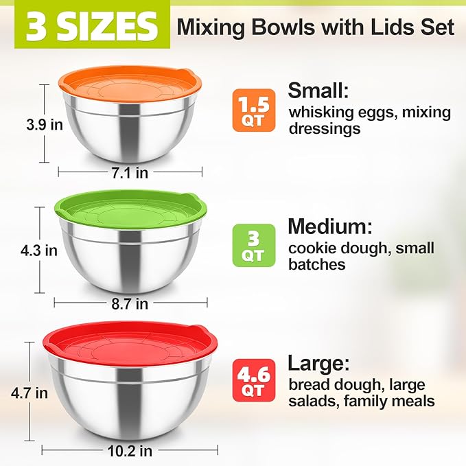 TeamFar Mixing Bowls, Stainless Steel Nesting Salad Bowls with Airtight Lids Set, For Serving/Mixing/Storing, Healthy & Long-lasting, Dishwasher Safe & Easy Clean, 4.6/3 / 1.5 QT, Colorful