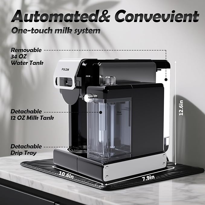PULZO Espresso Machine with Integrated Automatic Milk Frother, capsule coffee maker for K*cup capsule/Ne*s Original/coffee powder, One Touch Latte & Cappuccino