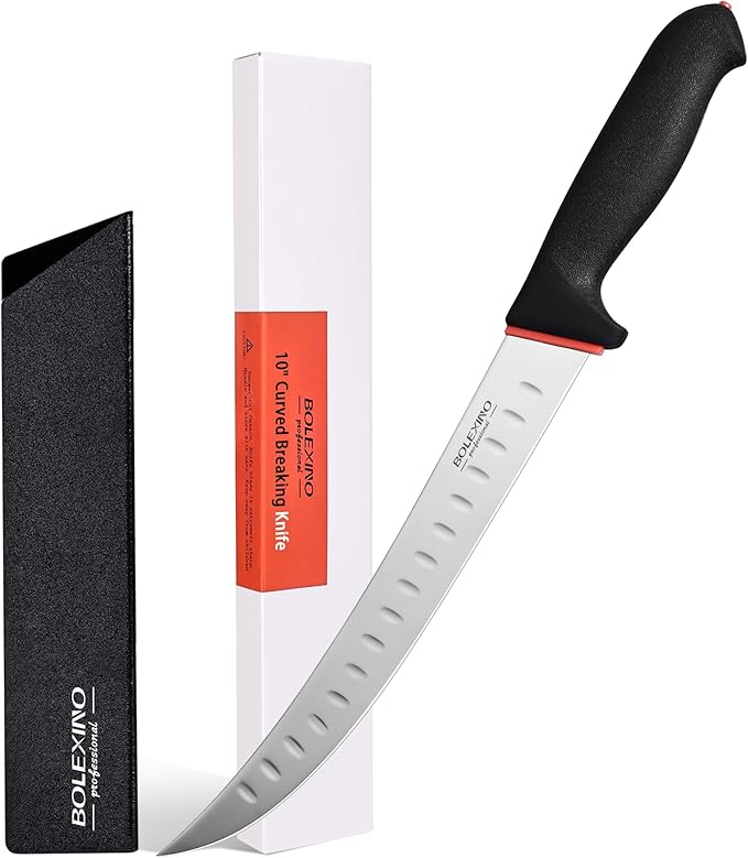 10-inch Curved Breaking Knife W/Sheath & SoftGrip Handle, Sharp Premium Butcher Knife Made of High Carbon Stainless Steel For Meat Cutting