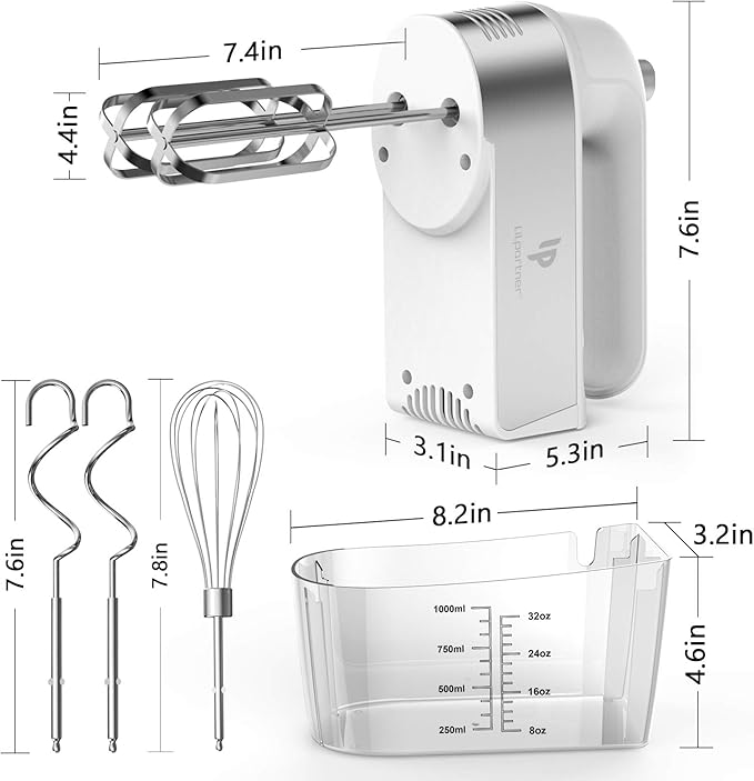 Hand Mixer Electric, 450W Kitchen Mixers with Scale Cup Storage Case, Turbo Boost/Self-Control Speed + 5 Speed + Eject Button + 5 Stainless Steel Accessories, For Easy Whipping Dough, Cream, White