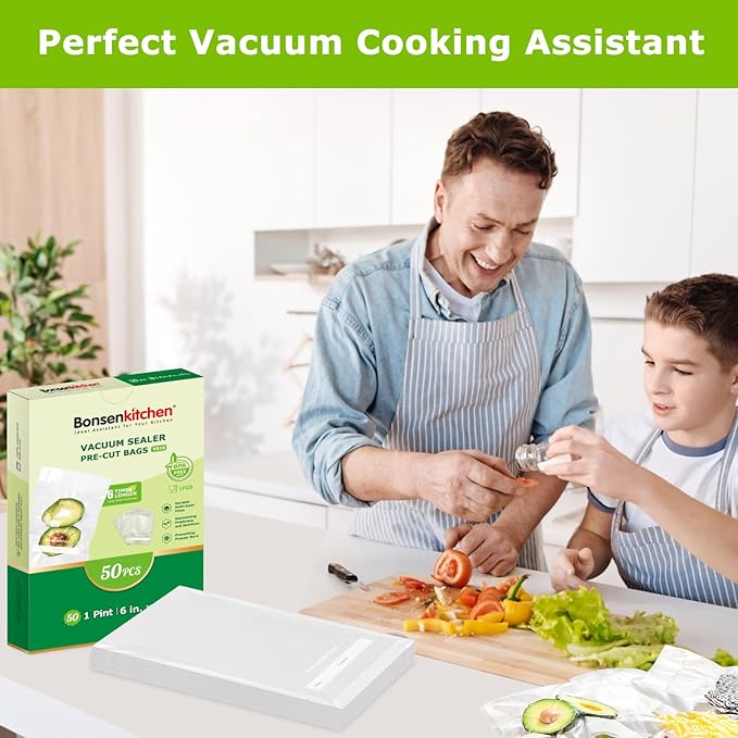 Bonsenkitchen Precut Vacuum Sealer Bags, 50 Pint 6" x 9" Food Sealer Bags, Food Grade, BPA Free, Heavy Duty, Customized Size Vacuum Bags for Vac Storage, Meal Prep or Sous Vide Cooking, VB10