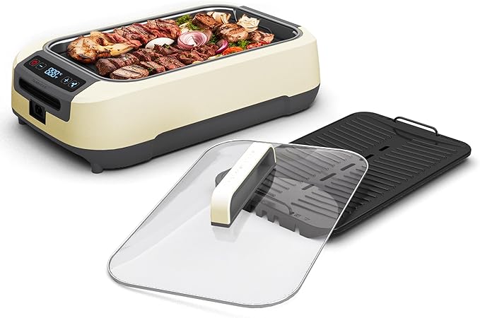 OVENTE Smokeless Indoor Grill, 1500W Electric Portable Korean BBQ Grill with One-Touch Control, LED Smart Display, Tempered Glass Lid, Two Removable Non-Stick and Dishwasher Safe Plates, White SGR85W
