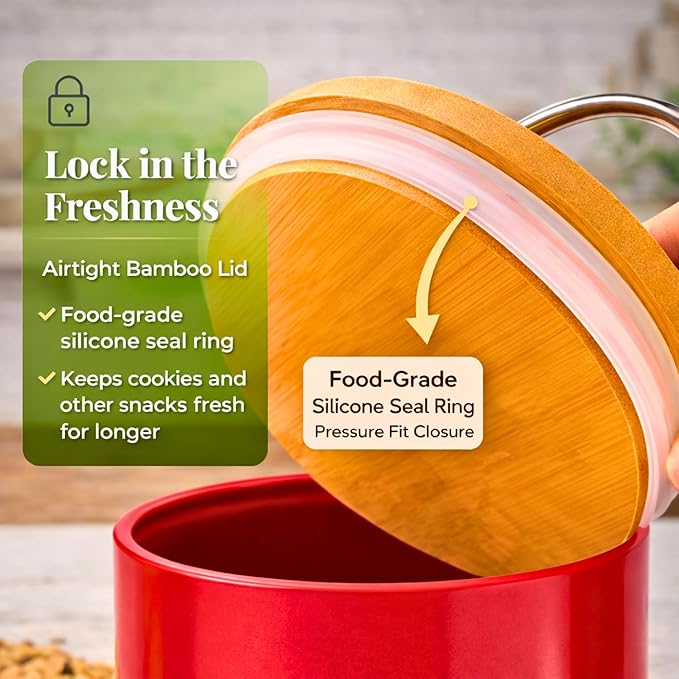 D'Lifeful Farmhouse Airtight Cookie Jar with Bamboo Lid - Kitchen Counter Storage Container for Cookies or even Candy (Red, Small Size (6.5" x 5.25"))