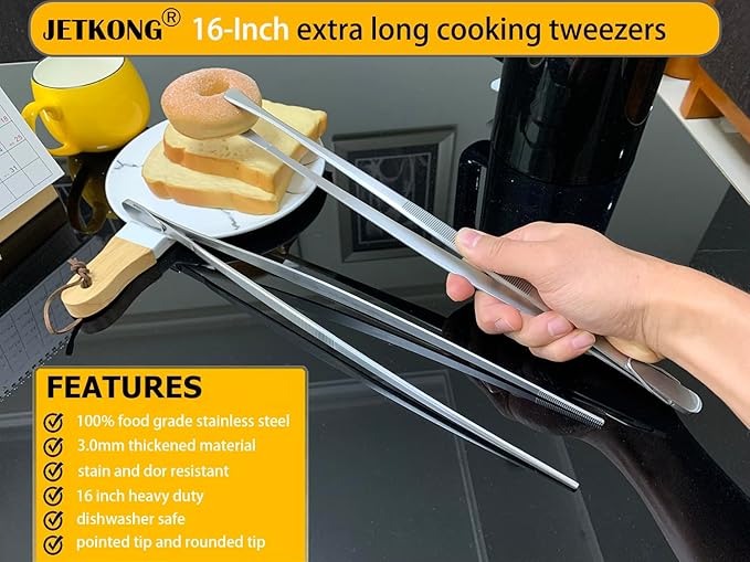 JETKONG 2 Pcs 16-Inch Food Tweezers Extra Long Kitchen Tweezer Tong Chopsticks Tongs Large Stainless Steel Cooking Tweezers (Round-Tips)