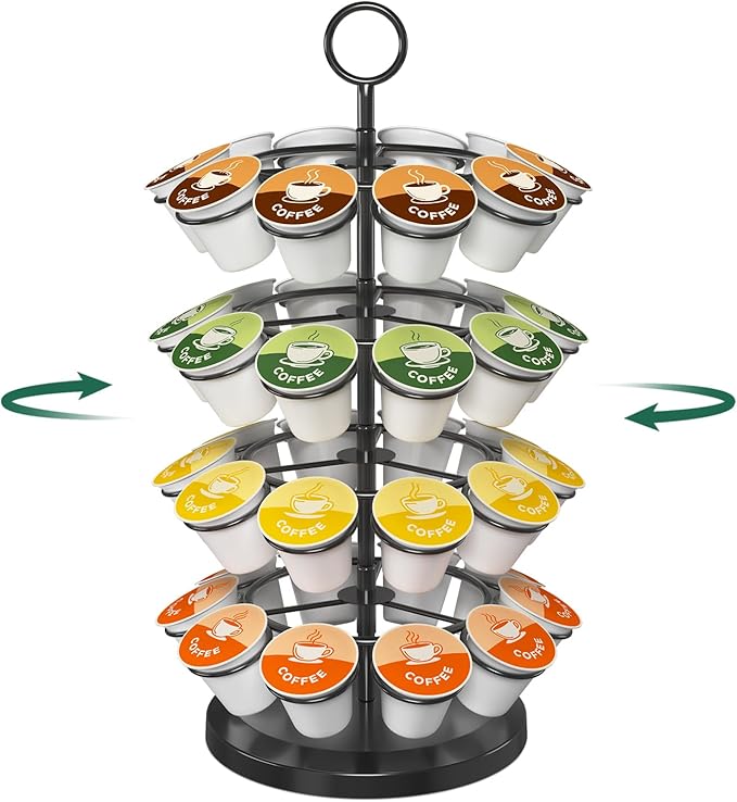 EsLuker.ly K Cup Holder Coffee Pod Organizer Carousel for Counter, Metal Storage Rack Stand for Kitchen, Rotatable 4 Tier Pod Tower Tree for 40 K Cups, Space Saving Meets Elegance, Black