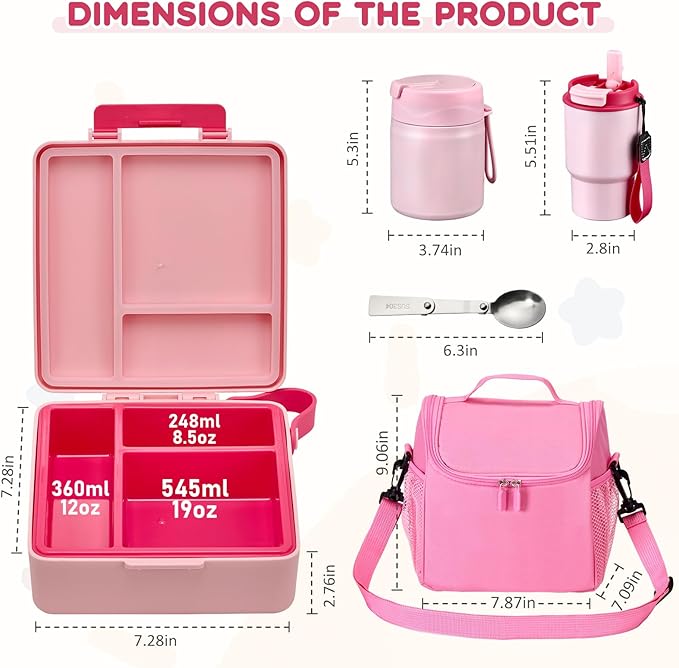 Pawtong Lunch Box Set with Bento Box Container, 17OZ Stainless Steel Food Soup Thermo, Kids Water Bottle & Portable Insulated Lunch Bag – Leakproof, Hot/Cold Retention for School, Travel(Pink)