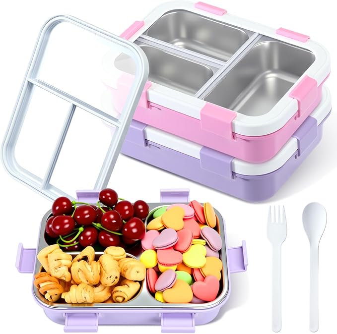 LemonRoad 2 Pcs 304 Stainless Steel Bento Box 24 oz Metal Lunch Box with Spoon Fork 3 Compartment Transparent Lid Dishwasher Safe Leakproof Food Fruit Snack Container for Office Travel (Pastel)
