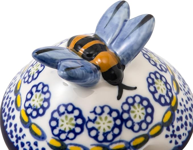 ZOOBEE 10oz Ceramic Honey Pot with Dipper and Lid, Handpainted Honey Dispenser with Bee-Themed, Dishwasher-safe Honey Jar for Kitchen-Lavender Allure