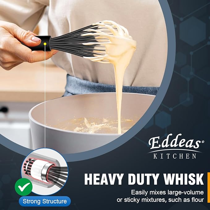Silicone Whisk - Non Scratch Whisks for Cooking, 500°F Heat Resistant Siliocne Wisk tool, Heavy Duty Kitchen Whisks, for Blending, Beating, set of 4 (5+7+9+11 inch) Black