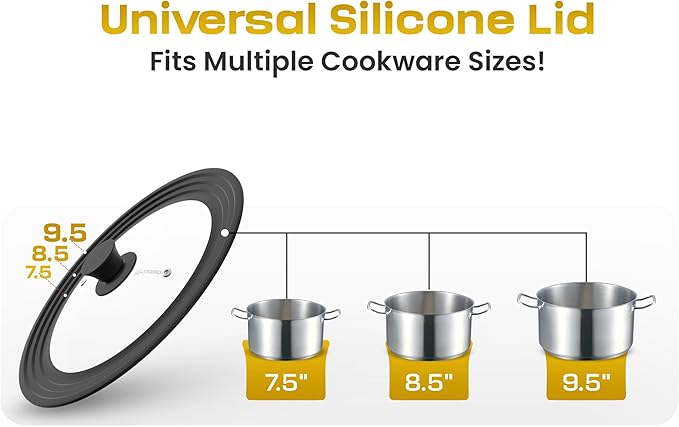 LSR Loreso Universal Pan Lid for Pots Pans and Skillets 7.5-9.5 Inch - Tempered Glass Pot Lid with Auto-Sizing Silicone Rim - Black