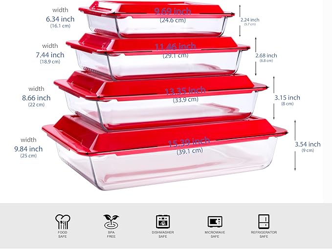 Set of 8 pcs Tempered Nesting Glass Baking Pan Set, Glass Baking Dish with BPA Free Lids. Oven, Microwave, Refrigerator and Dishwasher Safe - 1L, 1.7L, 2.8L, 4.2L