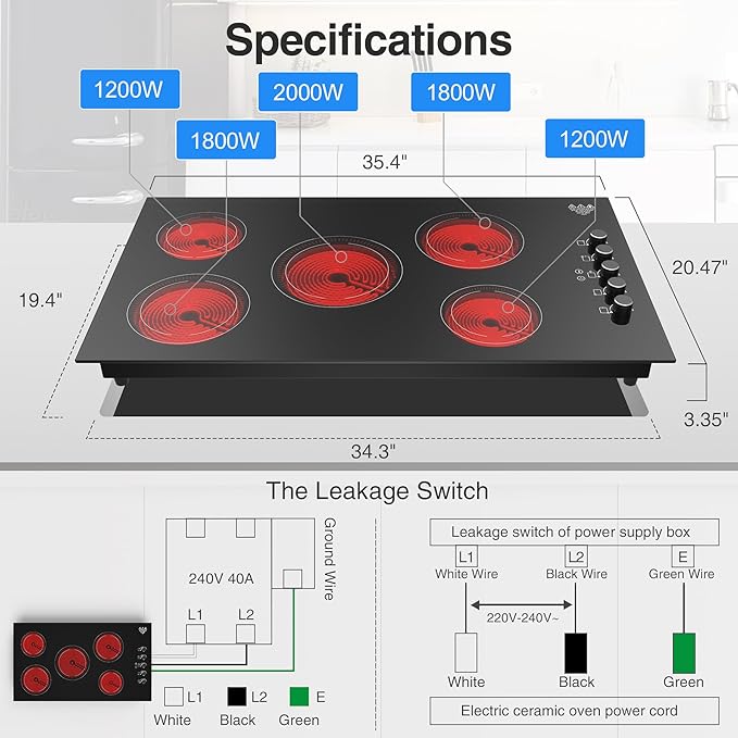 VBGK Electric Cooktop 36 inch,Built-in 36 inch Electric Cooktop 8000W Power Control by Knob, 36 induction cooktop with 9 Power Levels with Child Safety Lock, Timer,Over-Temperature 220V-240V.
