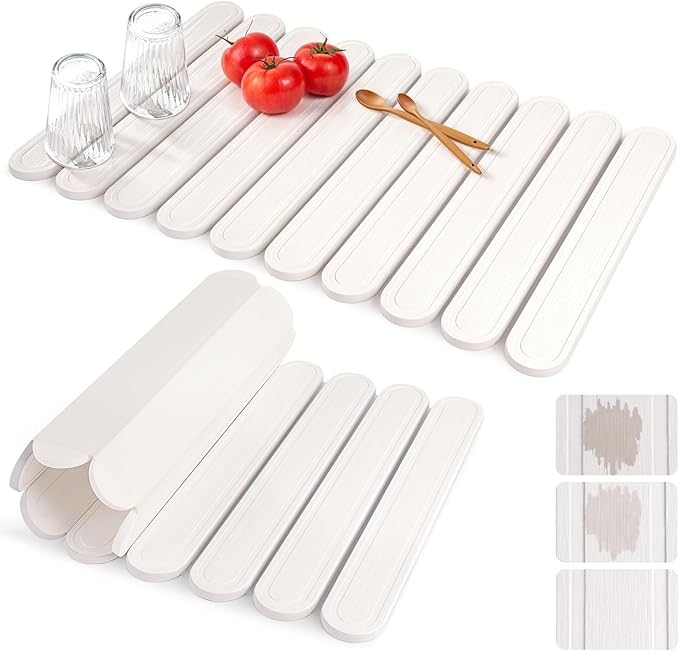 Collapsible Stone Dish Drying Mat for Kitchen Counter, 24"×16" Large White Dish Drying Pad, Eco-Friendly Diatomaceous Earth Mat, Quick Dry, No Odor