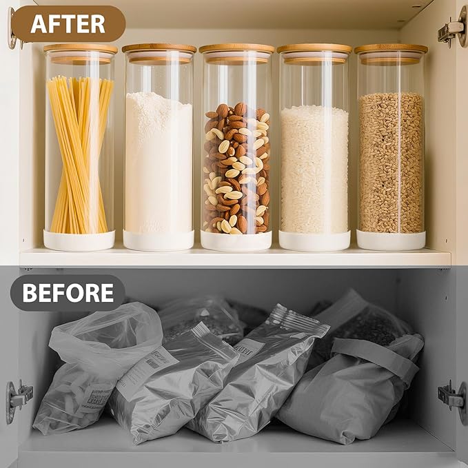 TBWIND 73oz Glass Spaghetti Pasta Containers for Pantry Organization, 3-Pack Large Airtight Food Jars with Bamboo Lids and Protective Silicone Base, Clear Storage Canisters for Flour, Cereal, Rice