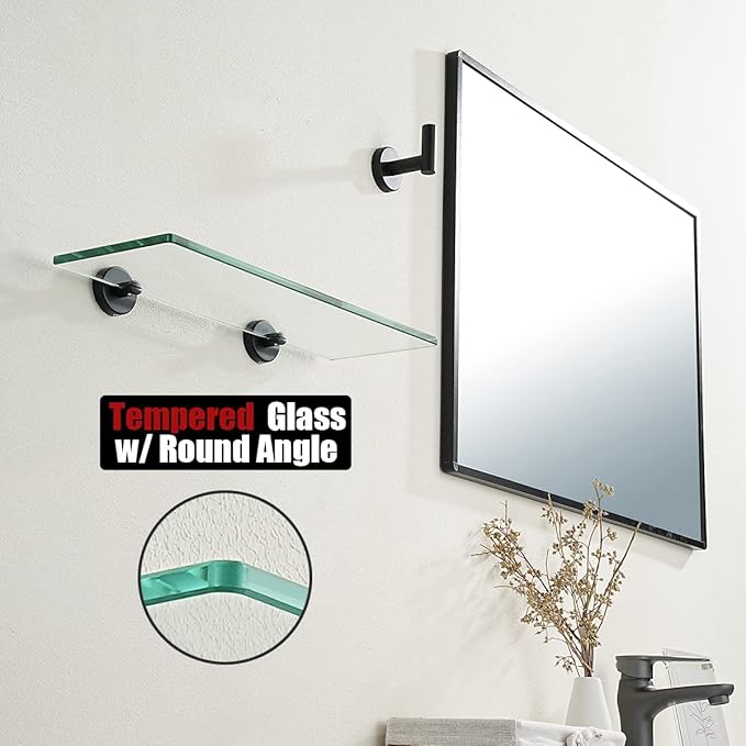 JQK Bathroom Glass Shelf Black, Tempered Glass Shower Storage 16 by 5 inches, 304 Stainless Steel Matte Black Wall Mount, TGS101L16-PB