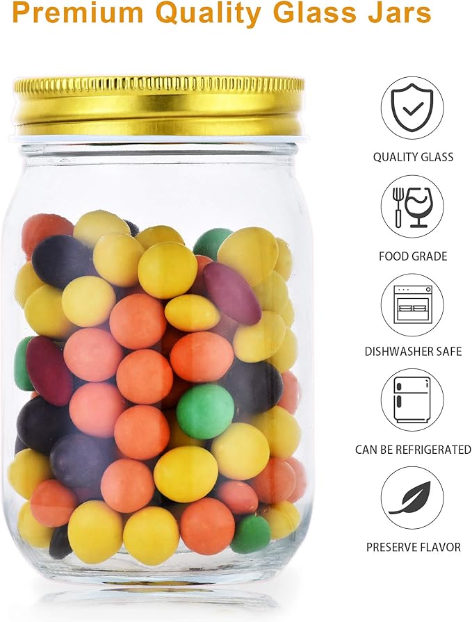 12oz Glass Jars With Lids Regular Mouth 20 Pack -Mason Jars 12 oz For Crafts, Meal Prep, Canning Jars For Food Storage Frascos De Vidrio Con Tapa Para Conservas-with 20 Chalkboard Stickers-Gold Lid