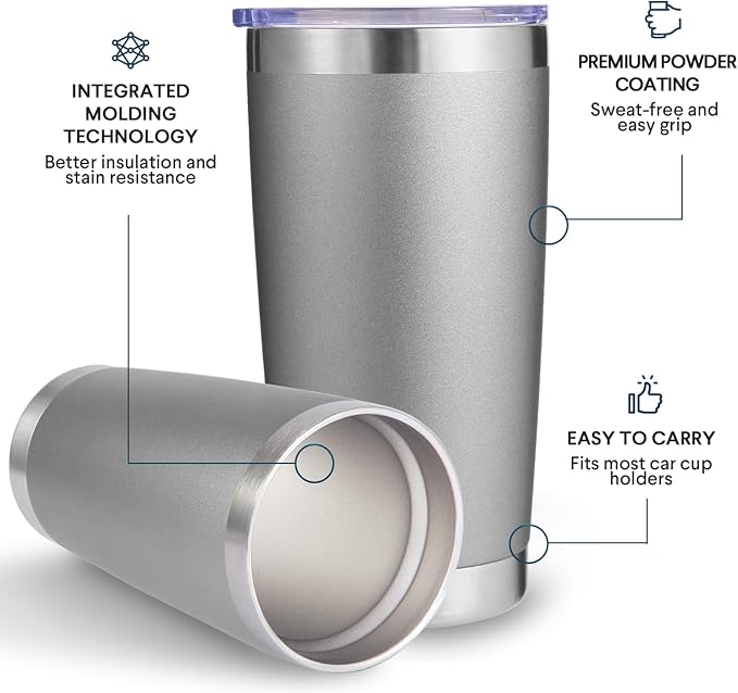 Volhoply 20oz Stainless Steel Tumbler with Lid and Straw Bulk 12 Pack,Double Wall Insulated Travel Iced Coffee Mug Fits Cup Holder,Powder Coated Cups for Hot/Cold Drinks,Christmas Gifts（Gray,12 Set）