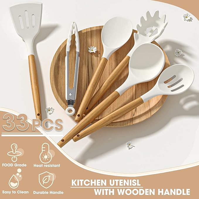 Umite Chef Kitchen Cooking Utensils Set, 33 pcs Non-stick Silicone Cooking Kitchen Utensils Spatula Set with Holder, Wooden Handle Silicone Kitchen Gadgets Utensil Set (Cream White)
