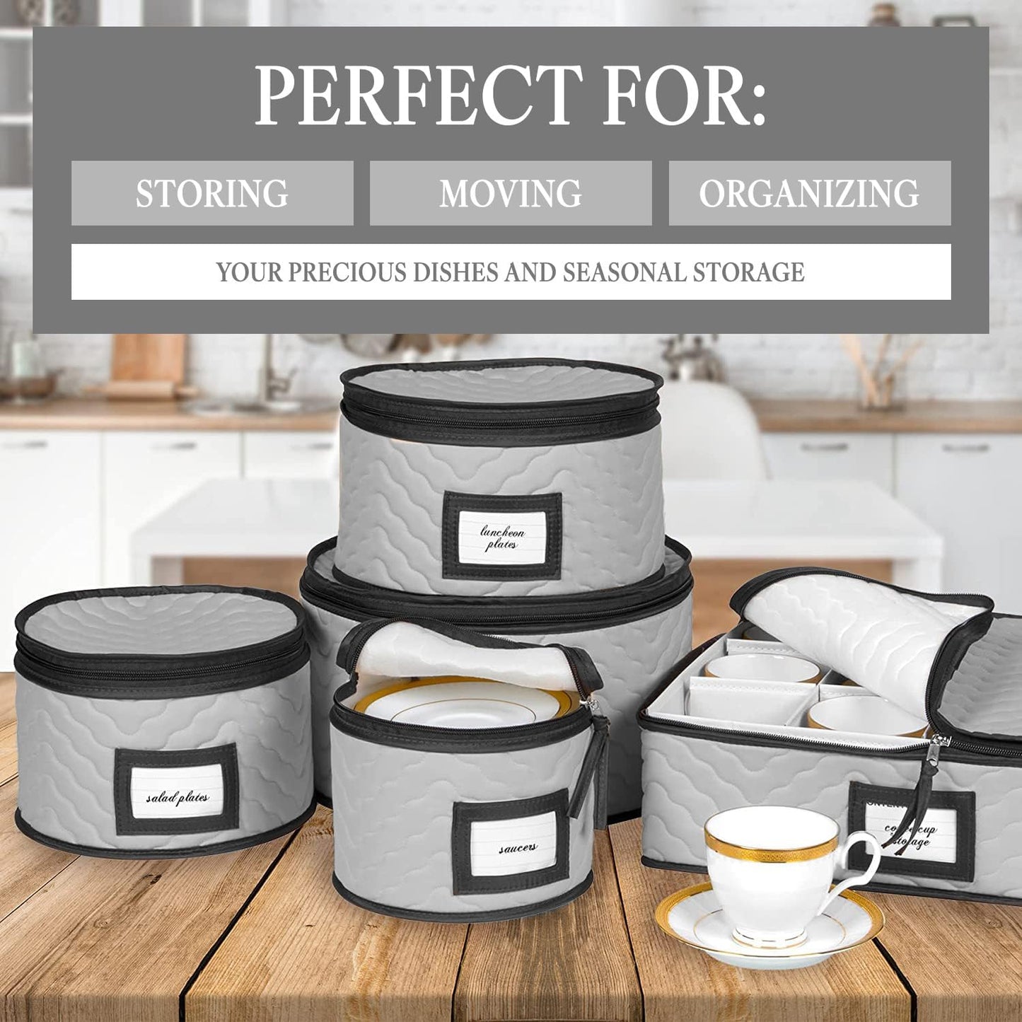 China Storage Containers 5-Piece Set Moving Boxes for Dinnerware, Glasses, Plates, Mugs and Saucers Sturdy Quilted Microfiber Dish Organizer with Dividers for Seasonal Storage - Gray
