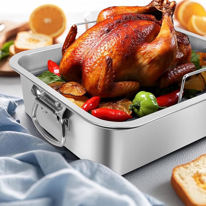 Roasting Pan,VBOYL 16" 3-Piece Roasting Pan Set: Deep Pan + Flat & V-Racks. Ideal for Turkey, Chicken, Veggies, Lasagna. Heavy-Duty, Non-toxic, Easy Clean, Dishwasher Safe.