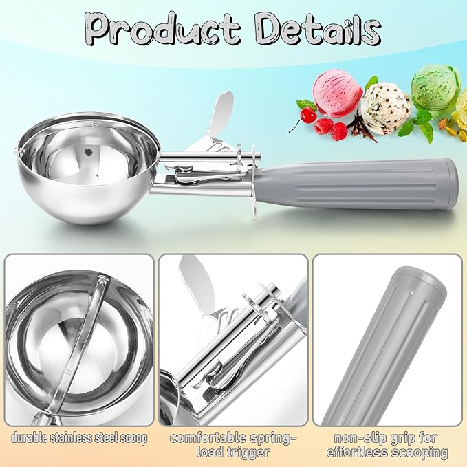 Reallnaive 2 Pcs Release Cookie Scoops Ice Cream Scooper with Trigger Release Portion Scoop Stainless Steel for Portion Control, Baking Food, Cookie Dough (2 oz,Gray)