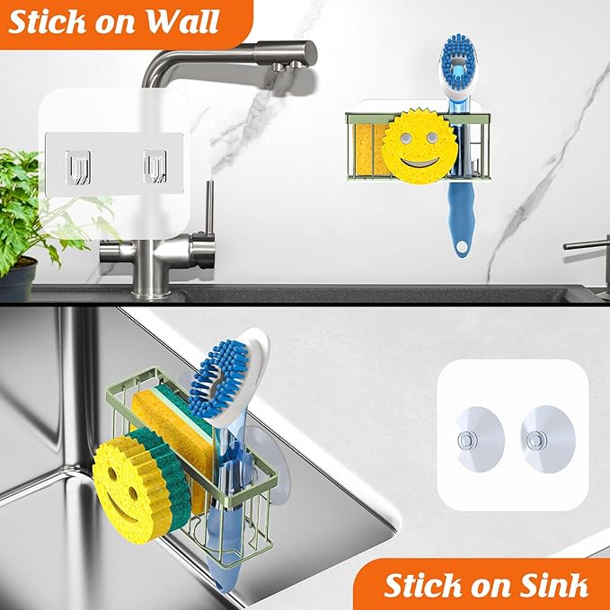 Sponge Holder Smiley Face,Sink Caddy,Sink Organizer with 2 Suction Cups/1 Adhesive Strips,Designed for Sponge,Soap,Dish Brush,Scrubber - Green